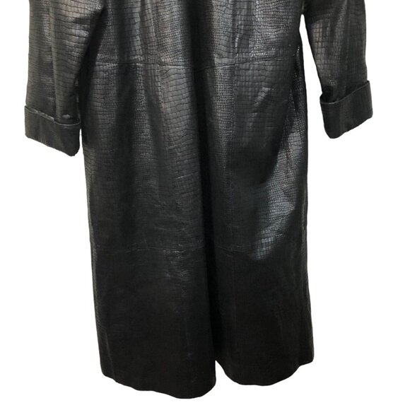 SOLD Vintage 1990s Black Leather Fur Collar Reptile Alligator Trench Coat - Picture 14 of 16